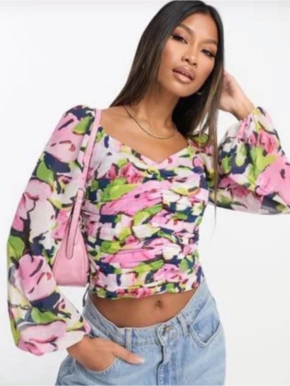 Abercrombie & Fitch Pink Green Floral Ruched Long-Sleeve Crop Top